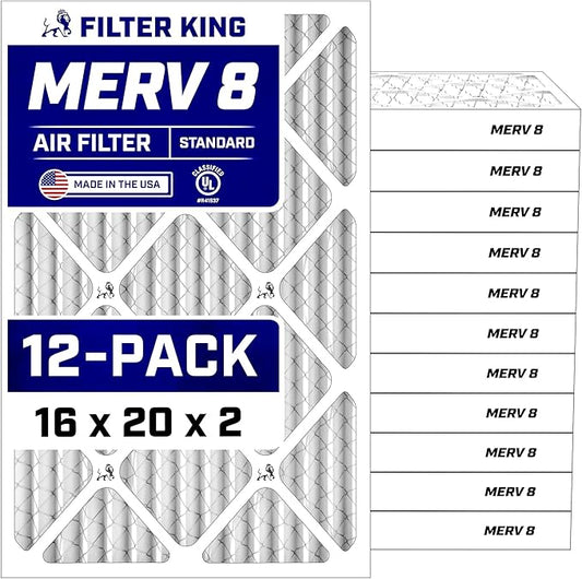 Filter King 16x20x2 Air Filter (MERV 8) (12-Pack) Dust & Allergy Control AC Furnace Filters, MADE IN USA, HVAC, Pleated, Electrostatic (Actual Size: 15.5 x 19.5 x 1.75)