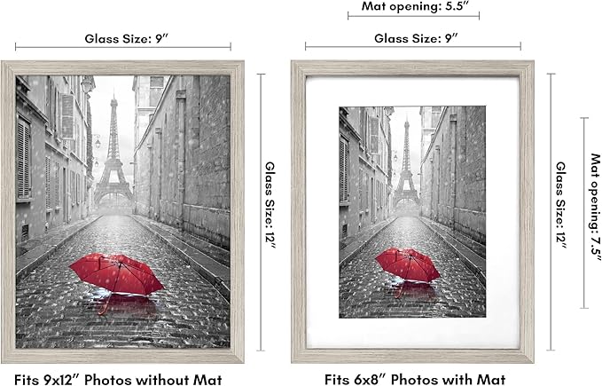 Americanflat 9x12 Picture Frame with Shatter-Resistant Glass - Use as 6x8 Frame with Mat or Display 9x12 Photo Without Mat - Signature Collection - Picture Frames for Tabletop and Wall - Driftwood