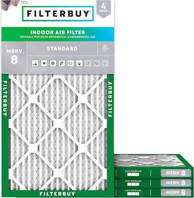 Filterbuy 8x24x1 Air Filter MERV 8 Essential Dust & Allergy Defense (4-Pack), Electrostatic Pleated HVAC AC Furnace Filters Replacement (Actual Size: 8.00 x 24.00 x 0.75)