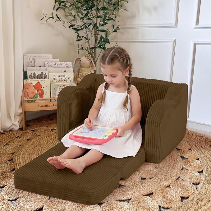 MeMoreCool Toddler Couch, 2-in-1 Corduroy Kids Couch Fold Out to Lounger, Comfy Toddler Chair for 1-3 Year Old, Soft Foam Kids Sofa with Washable Cover for Playroom and Bedroom, Brown