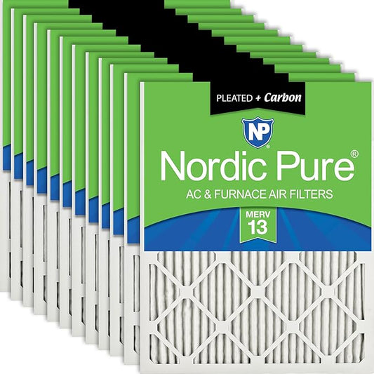 Nordic Pure 16x25x1 (Actual Size: 15 1/2 x 24 1/2 x 3/4) Pleated Air Filters MERV 13 Plus Carbon 12 Pack