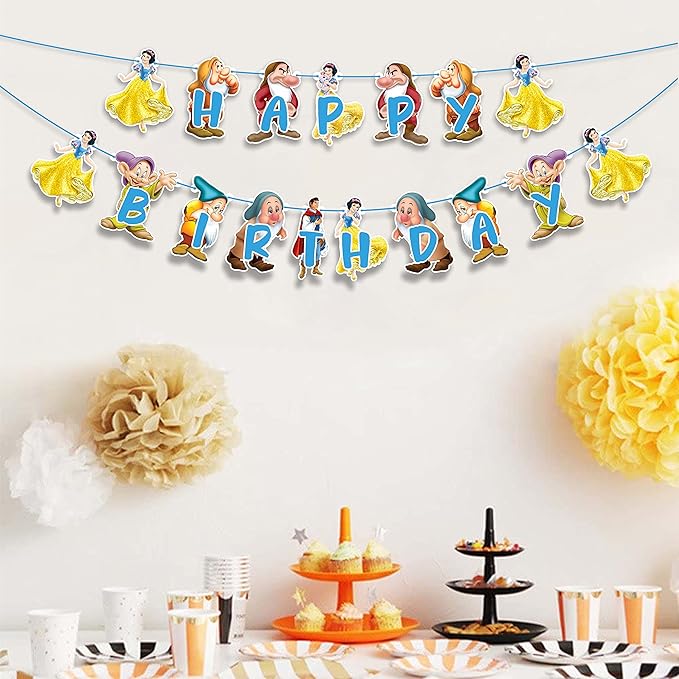 "Snow White and the Sevn Dwafs Happy Birthday Banner – Cartoon Princess Theme Birthday Party Decoration – Colorful Fairy Tale Banner for Girls Birthday Party, Photo Booth,Party Backdrop Décor"