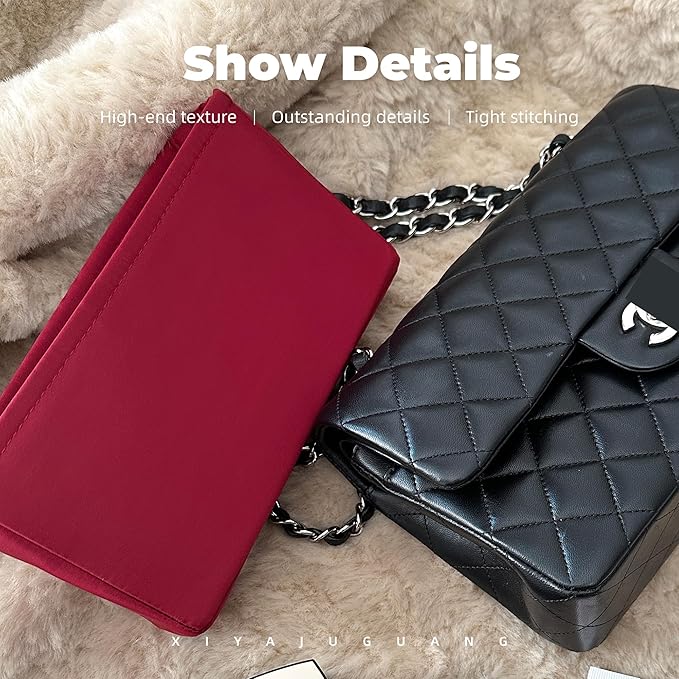 Purse Handbag Silky Organizer Insert Keep Bag Shape Fits Chanel Classic Flap CF Mini Square 17/20/Small/Medium/Jumbo/Maxi Bags, Luxury Handbag Tote Sturdy(CF Maxi 33,Wine Red)