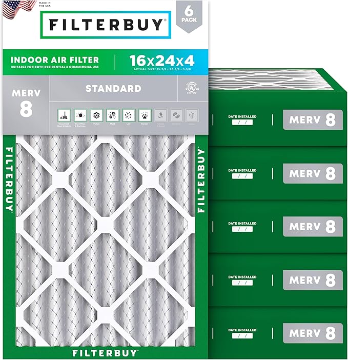 Filterbuy 16x24x4 Air Filter MERV 8 Essential Dust & Allergy Defense (6-Pack), Electrostatic Pleated HVAC AC Furnace Filters Replacement (Actual Size: 15.38 x 23.38 x 3.63)