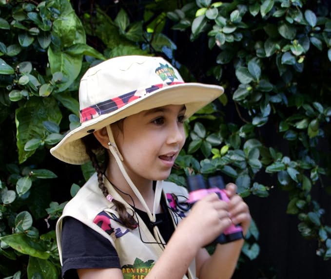 Safari Kidz Outdoor Explorer Kit - Orange and Pink Camouflage Cargo Vest and Hat Set, Backyard Nature Adventures, Washable Costume for children, Bundle (4 items)