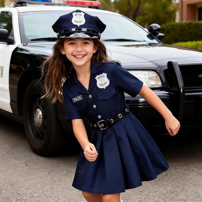 Girls Police Officer Costume Kids Cop Uniform Toddler Policeman Outfit, Police Dress Up Career Day Halloween Gifts