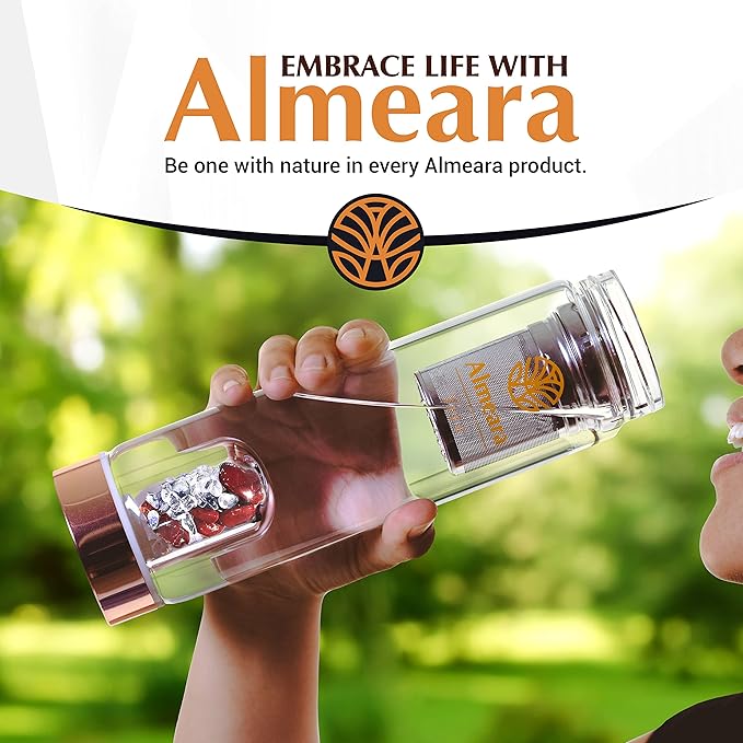 Almeara Crystal Water Bottle with Authentic Red Jasper Stones & Clear Quartz Removable Gemstones, Loose Leaf Tea Infuser - Relaxation, Healing & Spiritual Gifts for Women - Witchcraft Supplies