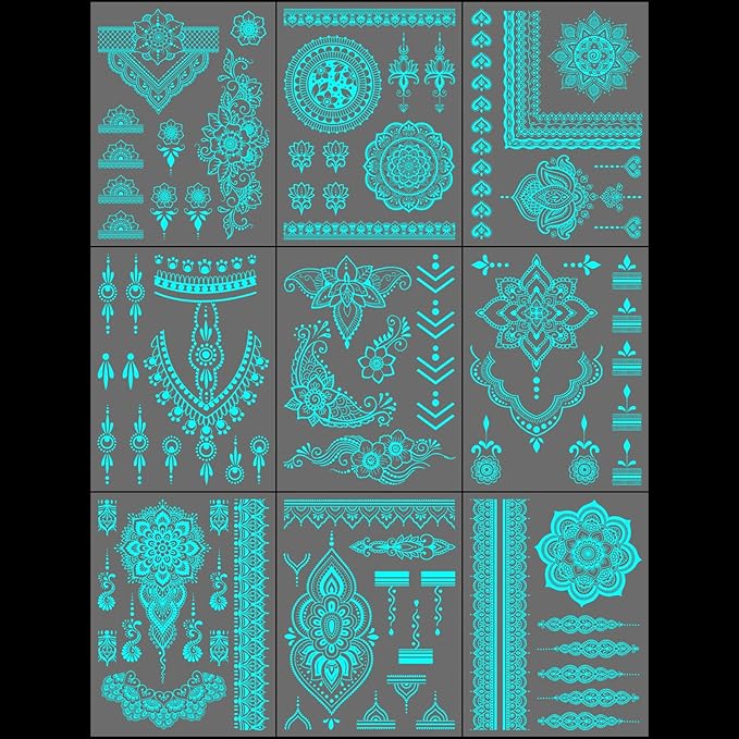 Blue Glow in the Dark Mandala Flower Temporary Tattoo for Women Hand, Realistic Luminous Floral Indian Lotus Fake Tattoo Sticker Adult Girl Finger, Large Henna Tribal Temp Tatoo Arm Body Art, 9-Sheet