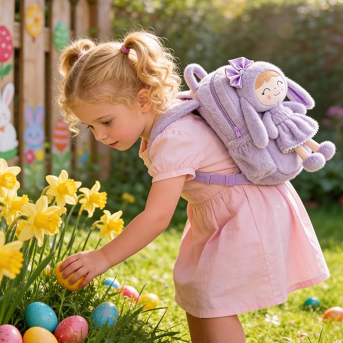 Gloveleya Back to School Gifts for Girls Bunny Toddler Backpack Plush Bag Baby Gift for Girl 2+ Years Old with Detachable Purple Rabbit Doll