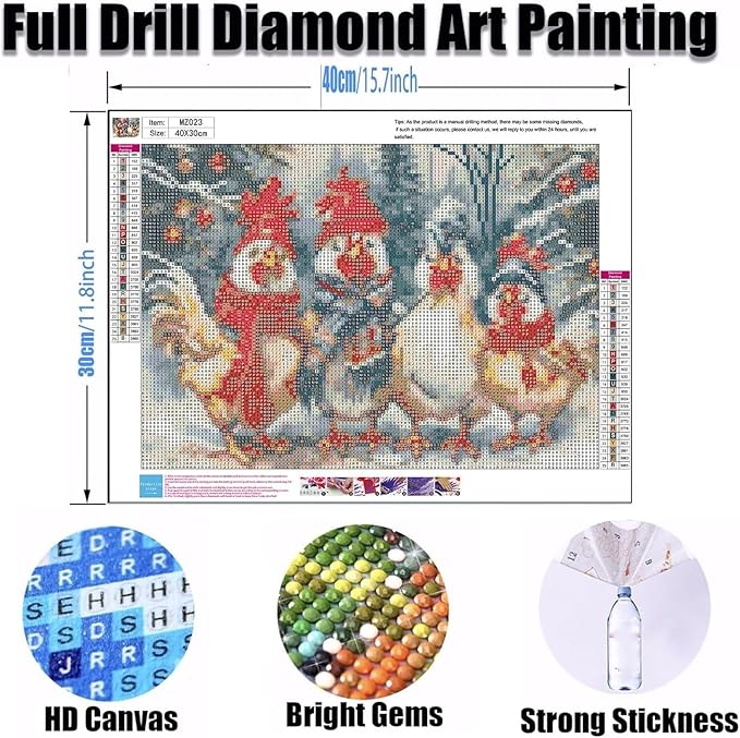 Ekuxom Chicken Diamond Art Kits for Adults, Winter Christmas Diamond Art Kits for Adults, Full Round Christmas Chicken Diamond Painting Gem Art Home Wall Decor 16x12 inch