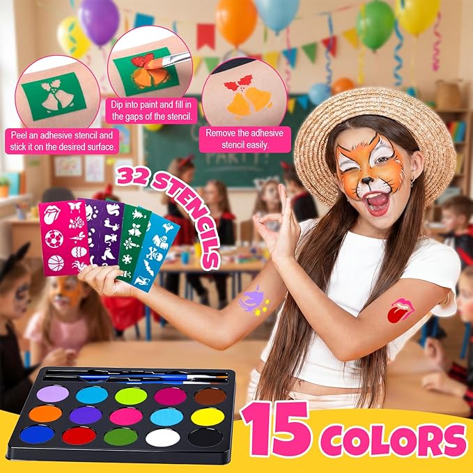 Face Painting Kit for Kids - 15 Colors Non-Toxic Water Based Face Paint with Stencils & Brushes - Parties, Birthdays, Halloween Face Body Makeup Kit