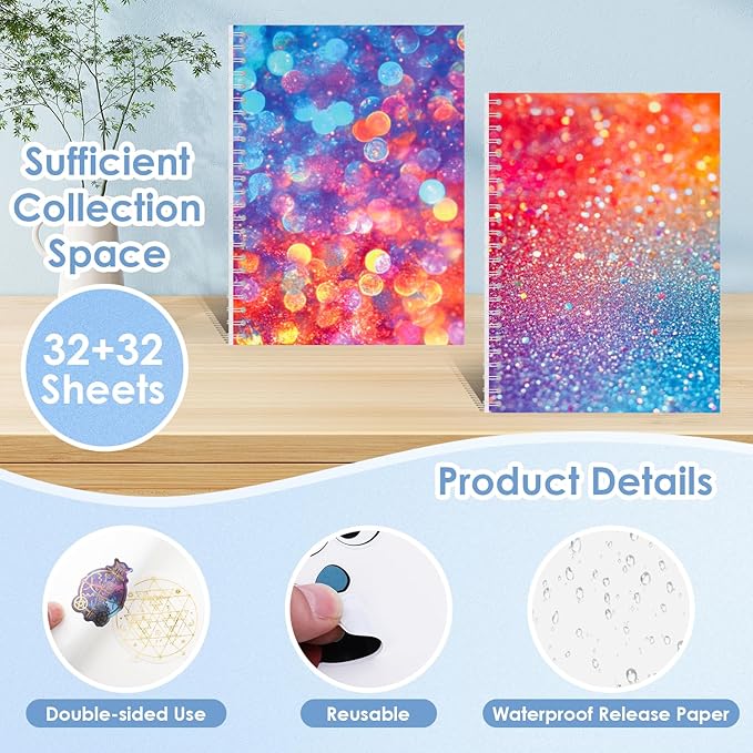 UFU 2 Pack Reusable Sticker Book Collecting Album Sticker Storage Organizer Book with 32+32 Blank Release Paper A5 Size Sticker Holder Collection