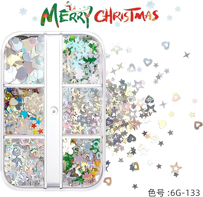 Christmas Nail Art Glitters Sequins, 4 Boxes Multicolor Holographic Lrregular Shapes Glitters Stickers Decals with Christmas Snowflake Letter Star Tree Designs for Manicure DIY Xmas Decorations