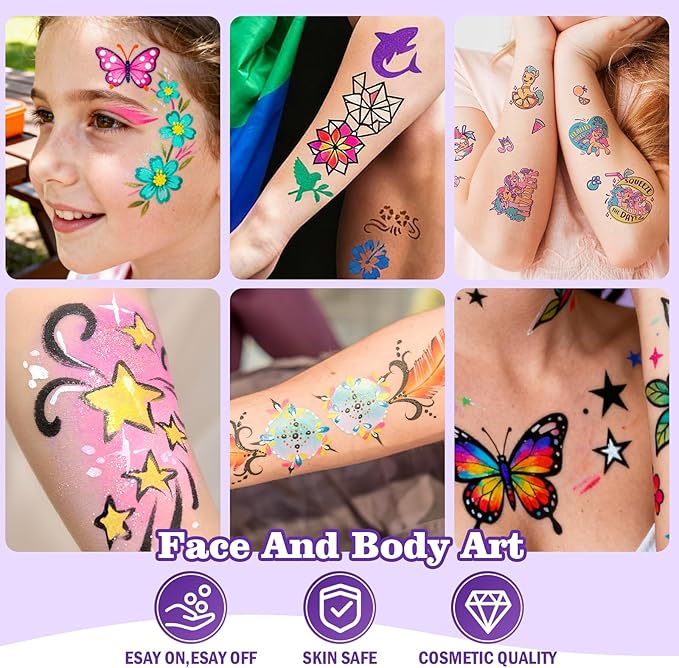 Temporary Tattoo Markers for Skin – Dual-End 16 Colors + 80 Stencils Kit, Skin-Safe Washable Cosmetic-Grade Body Art Pens for Kids & Adults