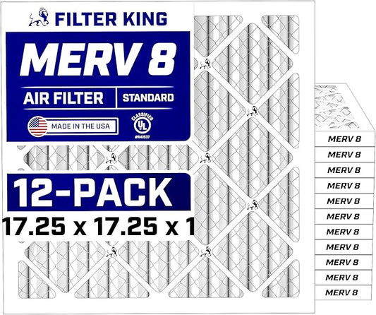 Filter King 17.25x17.25x1 Air Filter (MERV 8) (12-Pack) Dust & Allergy Control AC Furnace Filters, MADE IN USA, HVAC, Pleated, Electrostatic (Actual Size: 17.25 x 17.25 x .75)