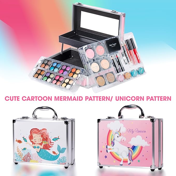 Hot Sugar Makeup Kit for Girls, Makeup Set with Reusable Train Case Includes Eyeshadow Palette, Blush, Lipstick, Lip Pencil, Eye Pencil