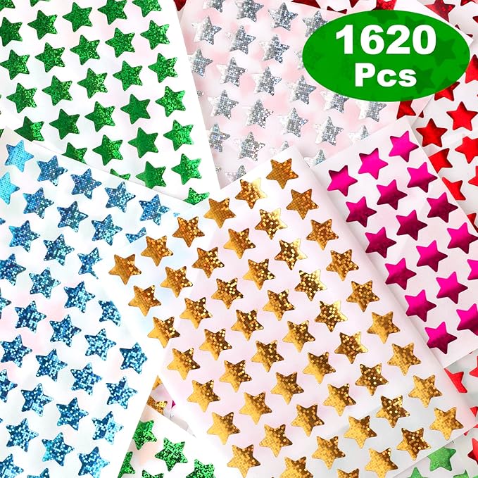 1620 Pack, 6 Colors, Holographic Small Star Stickers for Kids Reward, Behavior Chart, School Classroom Student Teacher Supplies, 0.6" Diameter