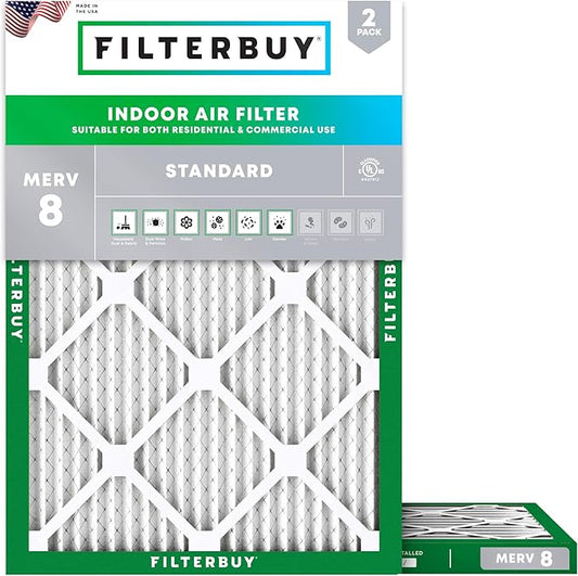 Filterbuy 8x14x1 Air Filter MERV 8 Essential Dust & Allergy Defense (2-Pack), Electrostatic Pleated HVAC AC Furnace Filters Replacement (Actual Size: 7.50 x 13.50 x 0.75)