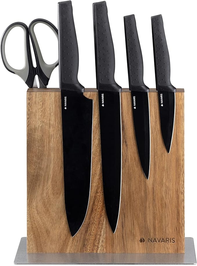 Navaris Magnetic Wooden Knife Block - Kitchen Storage with Strong Magnets for Knives & Utensils - Simple Modern Utensil Holder in Acacia Wood - 8.9" x 8.7"