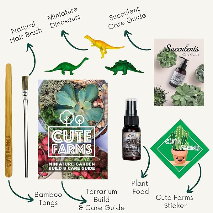 Cute Farms Terrarium Starter Kit | Moss, Vermiculite, Soil, Pebbles, Plant Food, Finishing Tools, Build and Care Guide | DIY Succulent Terrarium (Small)