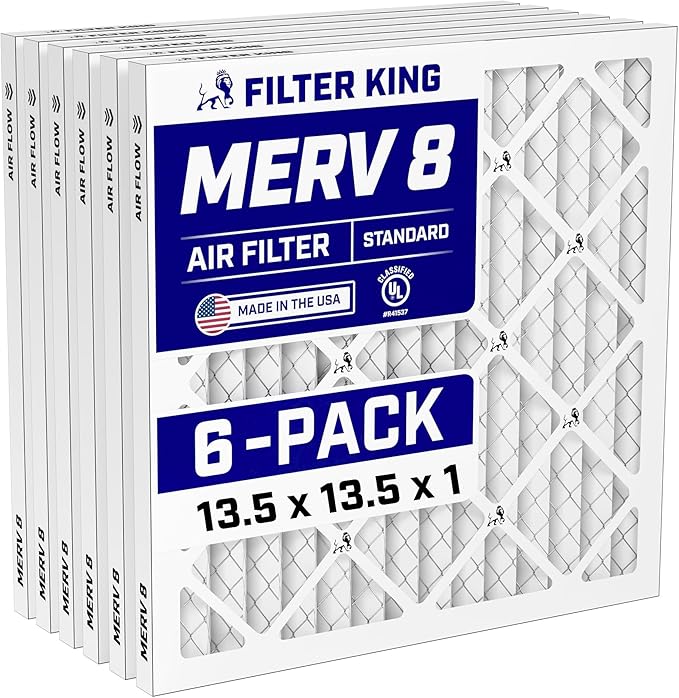 Filter King 13.5x13.5x1 Air Filter (MERV 8) (6-Pack) Dust & Allergy Control AC Furnace Filters, MADE IN USA, HVAC, Pleated, Electrostatic (Actual Size: 13.5 x 13.5 x .75)