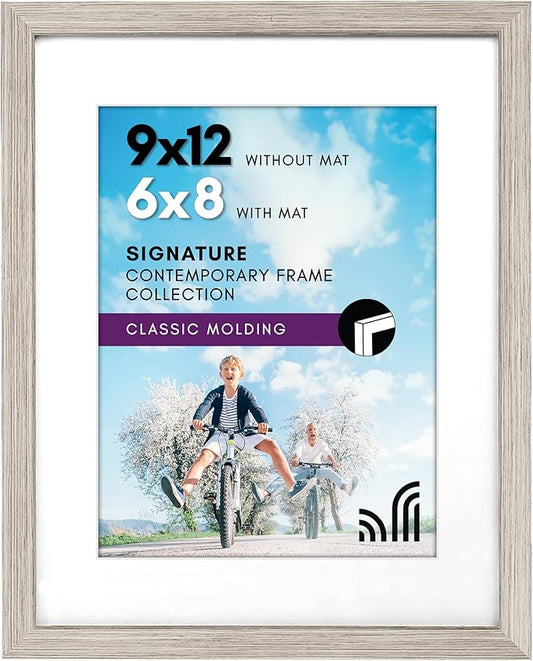 Americanflat 9x12 Picture Frame with Shatter-Resistant Glass - Use as 6x8 Frame with Mat or Display 9x12 Photo Without Mat - Signature Collection - Picture Frames for Tabletop and Wall - Driftwood