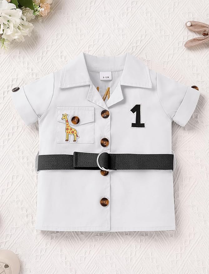 ODASDO Baby Boy Jungle Safari 1st Birthday Cake Smash Outfit Button Down Shirt + Shorts + Hat + Bandana + Belt 5pcs Set