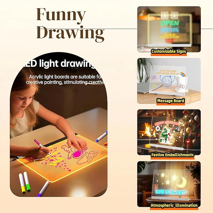 LED Drawing Board, Glow Acrylic Dry Erase Message Board with Light, 7 Colors & 4 Modes with Stand, Night Light for Room, Get Extra 7 Markers & 10pcs 3D Magic Puffy Paint Kit (15.8'' x 11.8'')