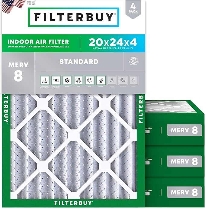 Filterbuy 20x24x4 Air Filter MERV 8 Essential Dust & Allergy Defense (4-Pack), Electrostatic Pleated HVAC AC Furnace Filters Replacement (Actual Size: 19.38 x 23.38 x 3.63)