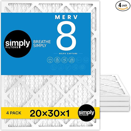 Simply 20x30x1 Air Filter, Merv 8, 4 Pack, For Home AC Furnace & HVAC (Actual Size: 19.94"x29.94"x0.75") DUST, Pet & Allergy Control,
