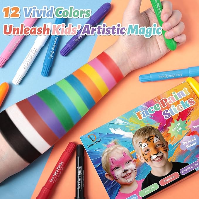 Face Painting Kit for Kids, 12Pcs XL Face and Body Paint Crayons| 12 Vibrant Colors Safe and Washable Face Paint Sticks for Adults Kids Party, Halloween Makeup, School Event, Cosplay
