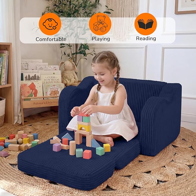 MeMoreCool Toddler Corduroy Chair – 2-in-1 Foldable Sofa Bed, Navy | Ages 1–3, Lightweight & Compact, Washable Cover for Nursery & Travel