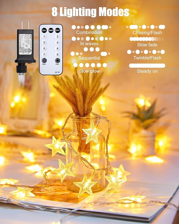 Minetom Star String Lights Plug in - 66 ft 200 LED Star Fairy String Lights with Remote and Timer, 8 Modes Waterproof for Bedroom Tent Loft Bed Window Backyard Patio Porch Balcony Party, Warm White