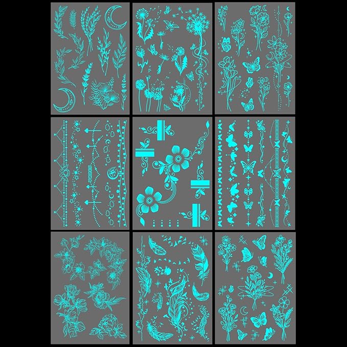 Realistic Flower Plant Blue Glow in the Dark Tattoo Temporary for Adult Women, Luminous Floral Leaf Butterfly Face Fake Tattoo Sticker Girl Arm Hand, Sexy Feather Temp Tatoo Body Art Makeup, 9-Sheet