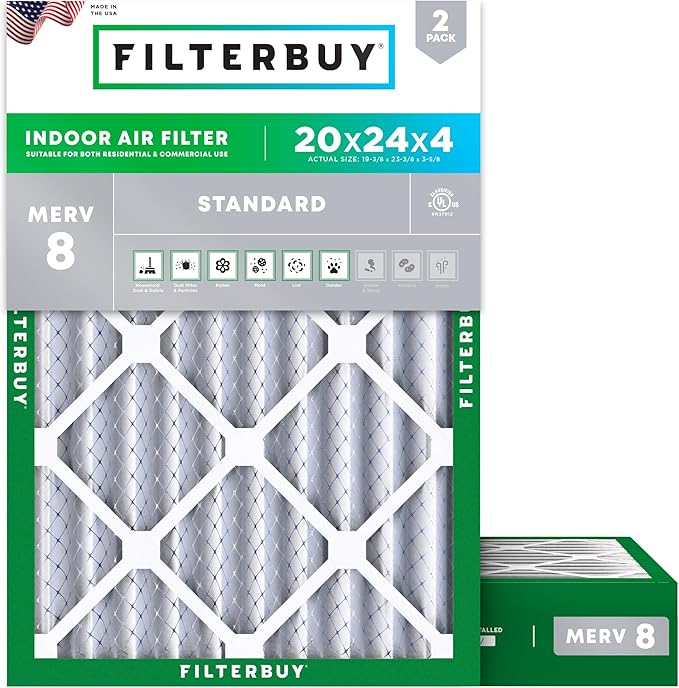 Filterbuy 20x24x4 Air Filter MERV 8 Essential Dust & Allergy Defense (2-Pack), Electrostatic Pleated HVAC AC Furnace Filters Replacement (Actual Size: 19.38 x 23.38 x 3.63)