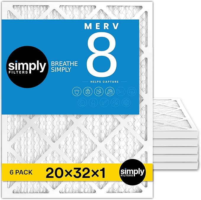 Simply 20x32x1 Air Filter, Merv 8, 6 Pack, For Home AC Furnace & HVAC (Actual Size: 19.75"x31.75"x0.75") DUST, Pet, & Allergy Control