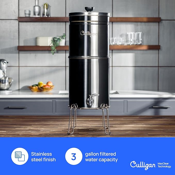 Culligan MaxClear 3 Gallon Gravity Water Filter System, Polished Stainless-Steel Countertop Water Filter NSF/ANSI Certified to Reduce Microplastics, Lead & Total PFAS, with 1 Ceramic Filter