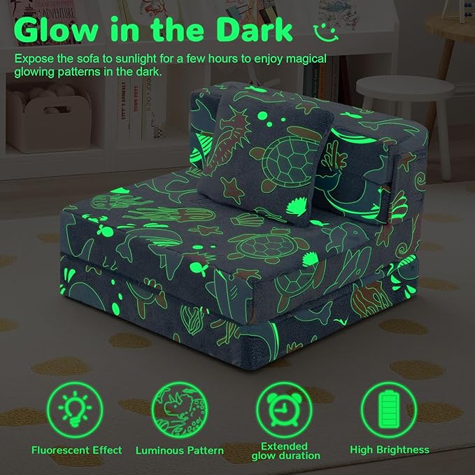 MeMoreCool Foldable Futon Chair Bed for Kids, Glow Tri-fold Sofa Bed Convertible Toddler Sofa Mattress, Foam Floor Couch for Sitting, Blue