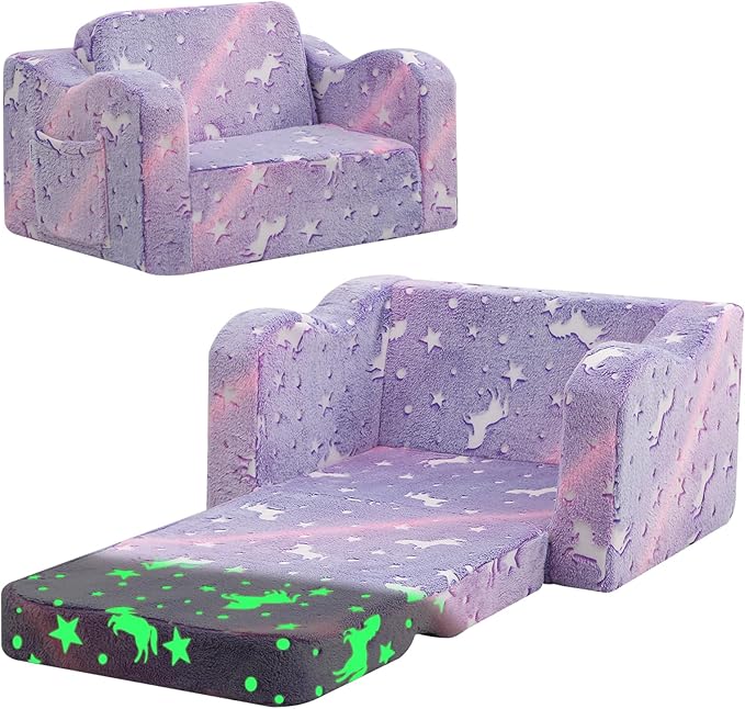 MeMoreCool Glowing Lavender Unicorn Kids Chair, 2-in-1 Convertible Kids Couch with Glow-in-the-Dark Purple Unicorn Design, Fold-Out Foam Sofa for Girls Ages 1-3, Washable Cover, Playroom Lounger | Reading, Relaxing