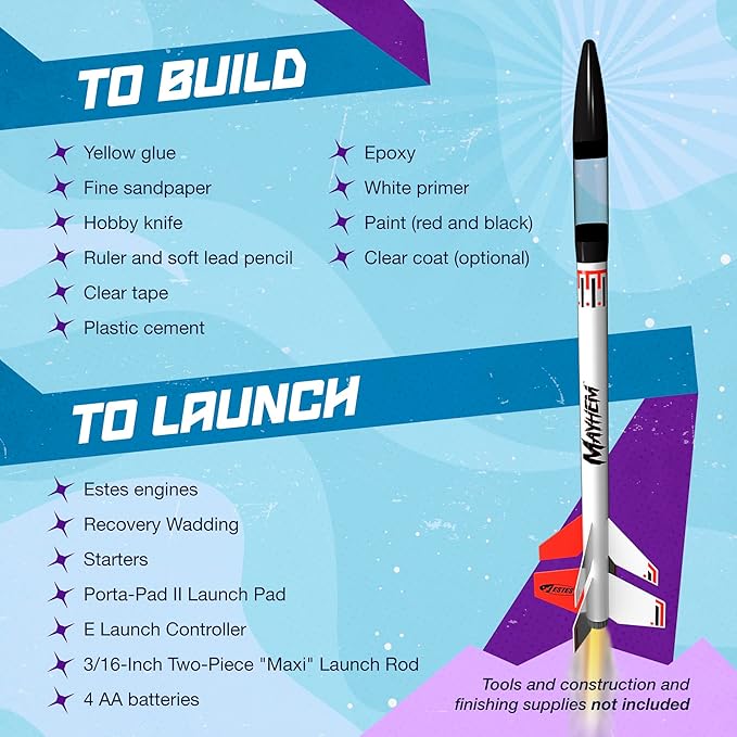 Estes 1320 Mayhem Model Rocket Kit, Advanced 2-Stage Flying-Rocket-Model Kit for Ages 10+
