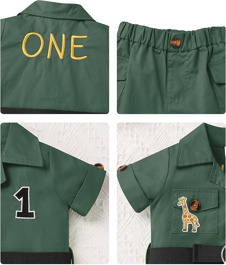 ODASDO Baby Boy Jungle Safari 1st Birthday Cake Smash Outfit Button Down Shirt + Shorts + Hat + Bandana + Belt 5pcs Set