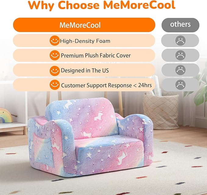 MeMoreCool Glowing Rainbow Unicorn Kids Chair - Convertible 2-in-1 Fold-Out Kids Couch for Girls, Glow-in-the-Dark Plush Sofa with Washable Cover, Soft Foam Lounge Seat for Playroom and Reading | Relaxing,Gift Giving