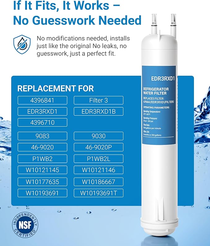 EDR3RXD1 Replacement Water, Compatible with 4396841, 4396710, KAD3RXD1, WHR3RXD, Kenmore 46-9083, 46-9030, 1 Pack