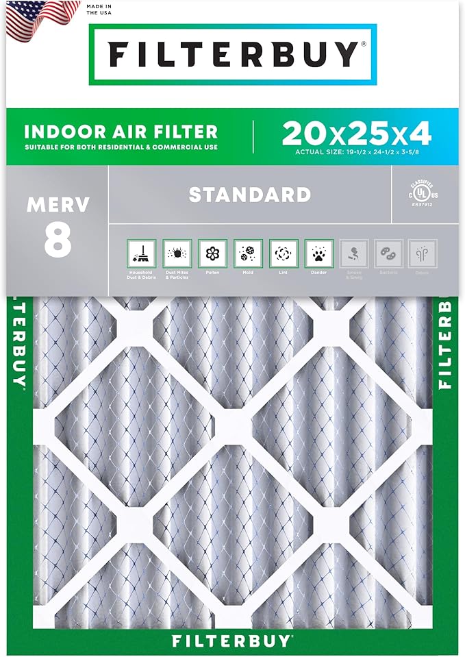 Filterbuy 20x25x4 Air Filter MERV 8 Essential Dust & Allergy Defense (1-Pack), Electrostatic Pleated HVAC AC Furnace Filters Replacement (Actual Size: 19.50 x 24.50 x 3.63)