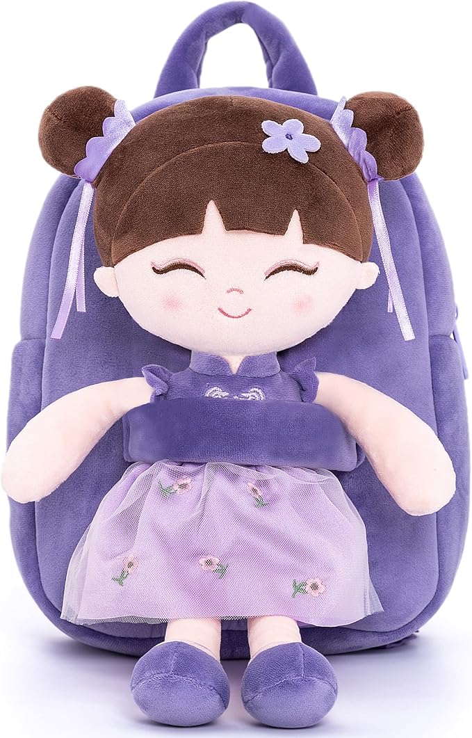Gloveleya Back to School Gifts for Girls Kids Backpack Toddler Backpack Soft Plush Asian Girl Doll Backpacks Purple 9"