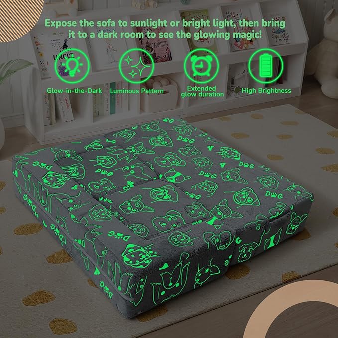 MeMoreCool Kids Sofa Couch, Glow-in-the-Dark Plush Cover, Convertible Foam Loveseat with Armrests & Pocket, Gray Dog Pattern, Playroom & Bedroom Children’s Furniture, 39" x 20" x 16"