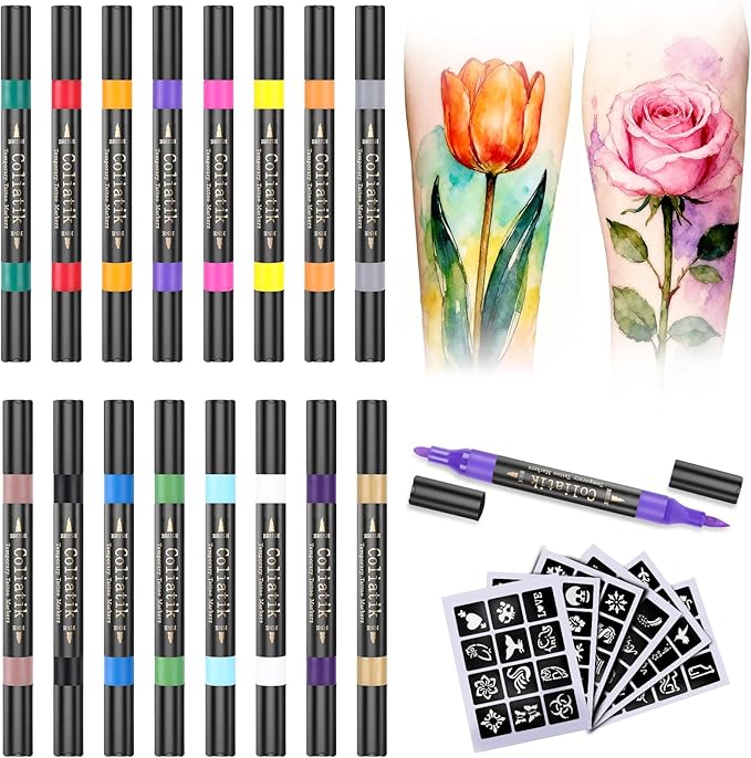 Temporary Tattoo Markers for Skin – Dual-End 16 Colors + 80 Stencils Kit, Skin-Safe Washable Cosmetic-Grade Body Art Pens for Kids & Adults
