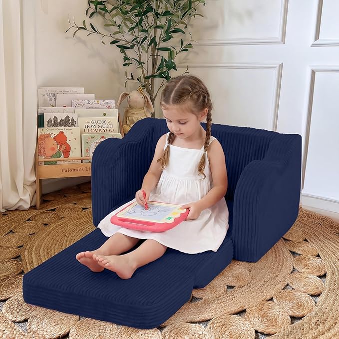 MeMoreCool Toddler Corduroy Chair – 2-in-1 Foldable Sofa Bed, Navy | Ages 1–3, Lightweight & Compact, Washable Cover for Nursery & Travel