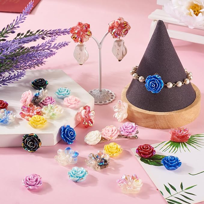 48Pcs Glow in The Dark Flat Back 3D Flower Cabochons Luminous Rose Flower Cabochons Embellishment Resin Floral Spring Beads for Phone Cases Scrapbooking DIY Decoration