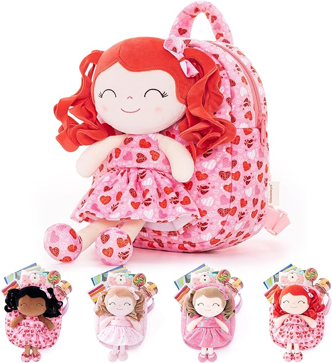 Gloveleya Toddler Girls Backpack Baby Girl Gifts Curly Hair Dolls I Love You Plush Doll with Heart Printed Dress Love Series 9inches